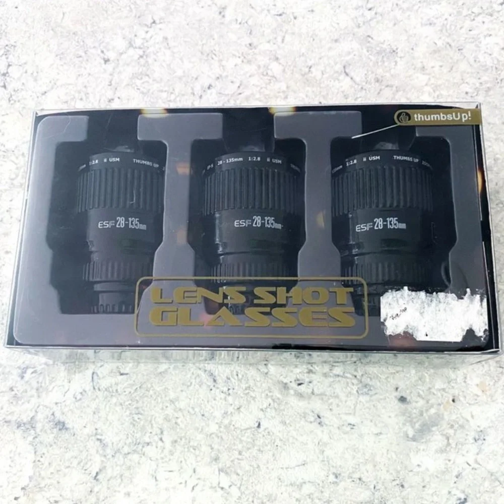NIB Thumbs Up Camera Lens Shot Glass Set of 3 Home Decor Photographer Gift